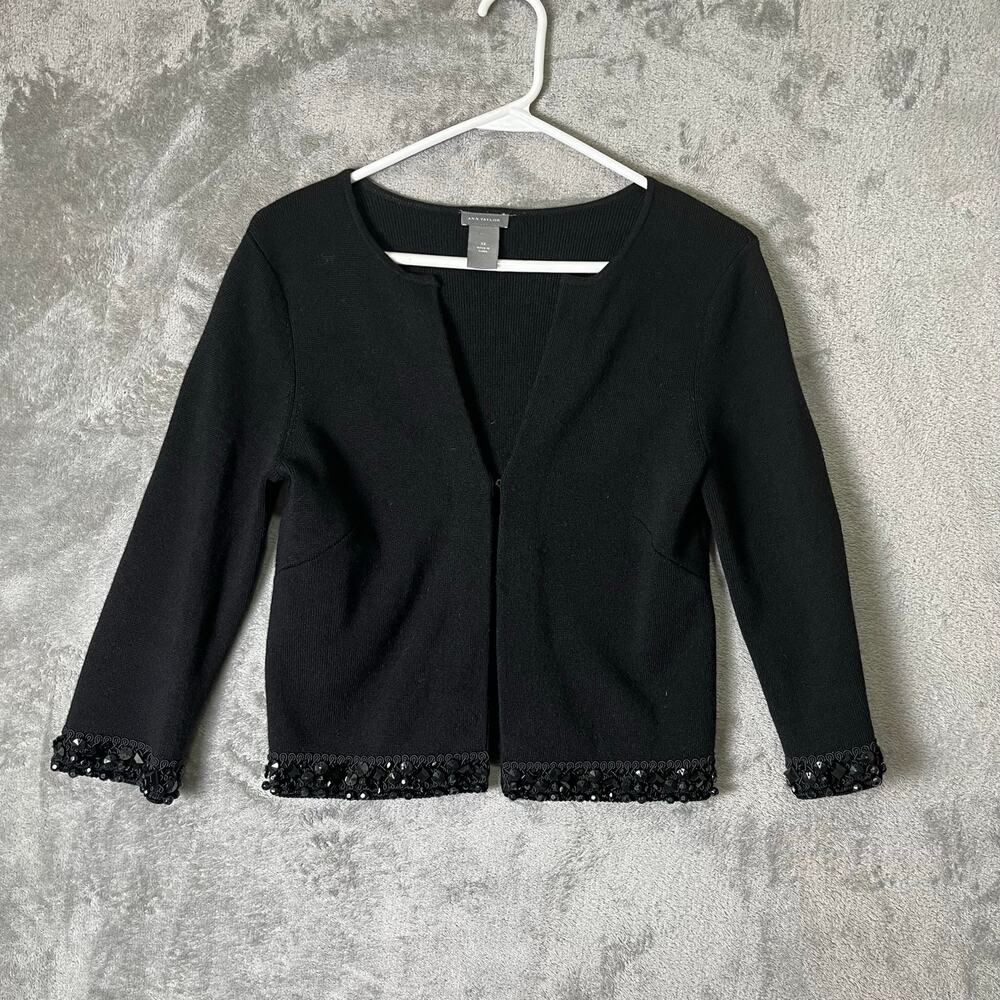 Ann Taylor Black Fine Knit Merino Cardigan Sequin Edge Trim XS‎ Minimalist